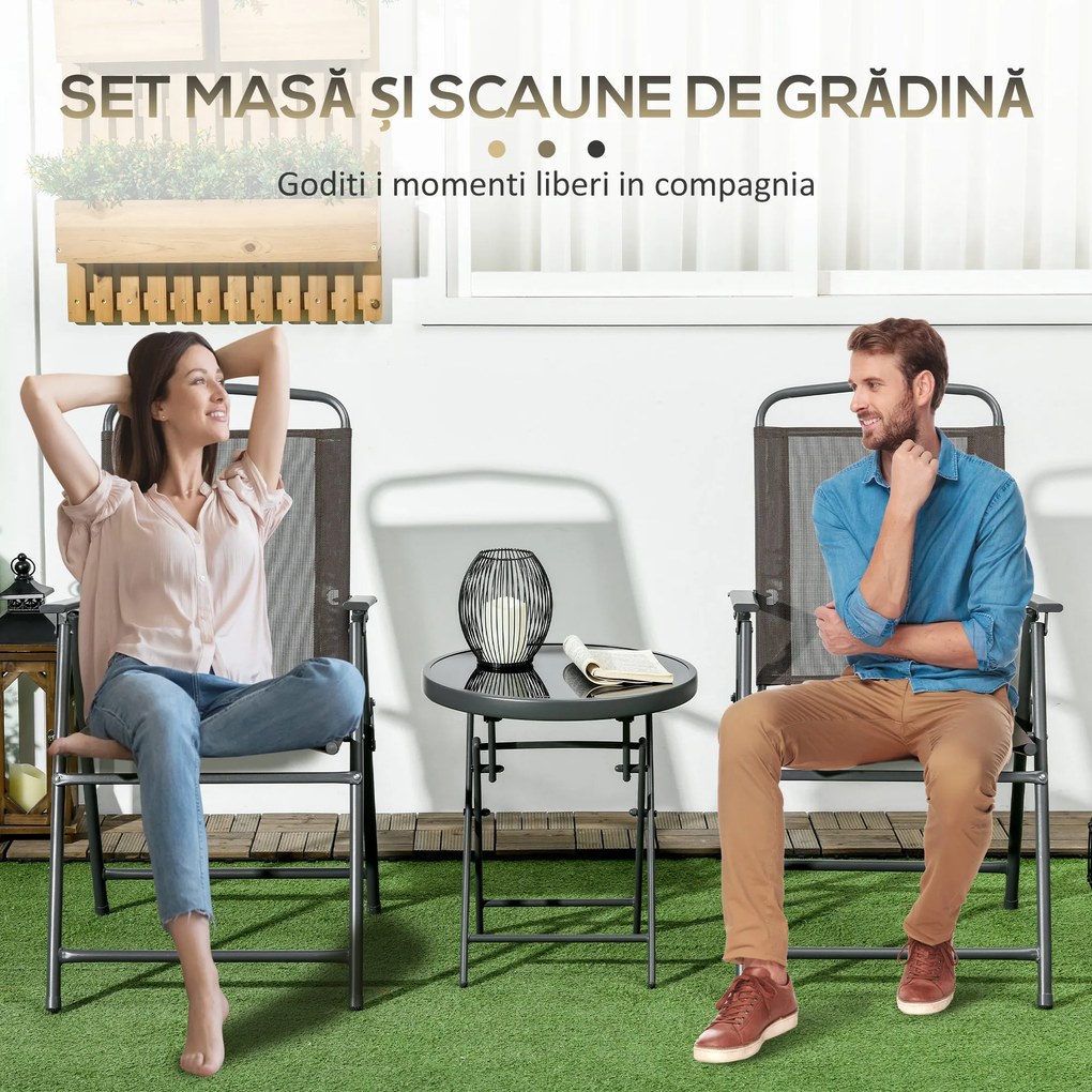 Outsunny Set de Grădină cu 3 Piese, cu Masă cu Blat din Sticlă - Maro | Aosom Romania