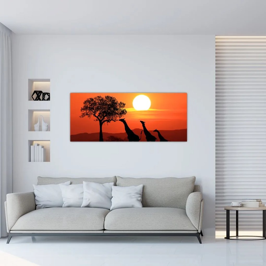 Tablou cu girafe în apus de soare (120x50 cm)