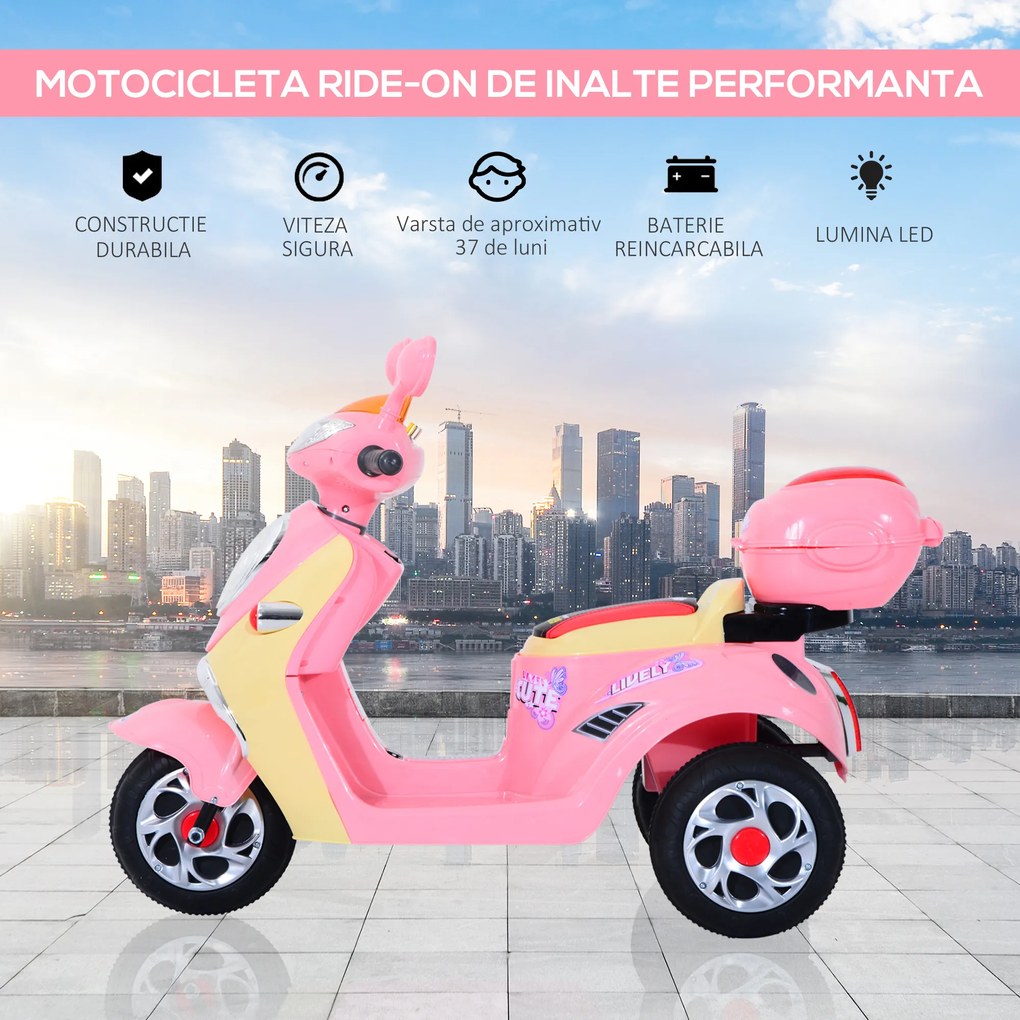 Motoreta Tricicleta Electrica HOMCOM pentru Fetite 6V, Lumini si Muzica, Roz | Aosom Romania