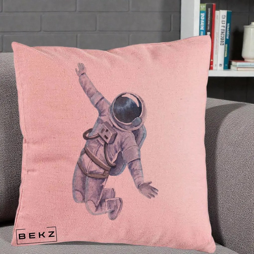 Perna Decorativa Astronaut Acuarela Zbor, 40x40 cm, Roz, Husa Detasabila, Perna Inclusa, BEKZ®