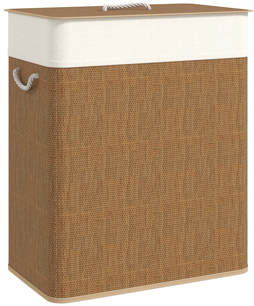HOMCOM Coș de rufe dublu cu capac, coș de rufe din bambus 100 L cu mânere din frânghie | Aosom Romania