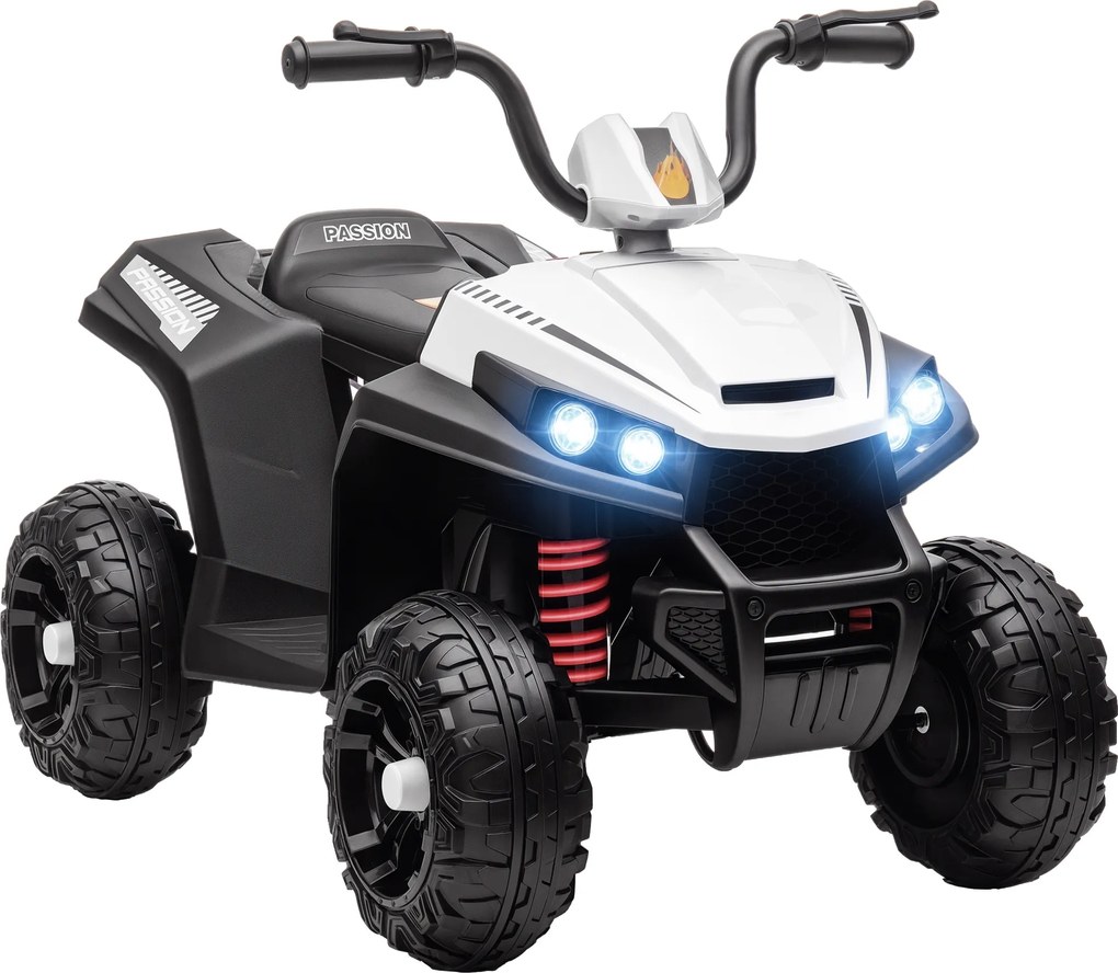 AIYAPLAY Quad electric pentru copii, lumină &amp; muzică, suspensie, 5 km/h, 50 Min. timp de rulare, pentru 3-5 ani, Alb | Aosom Romania