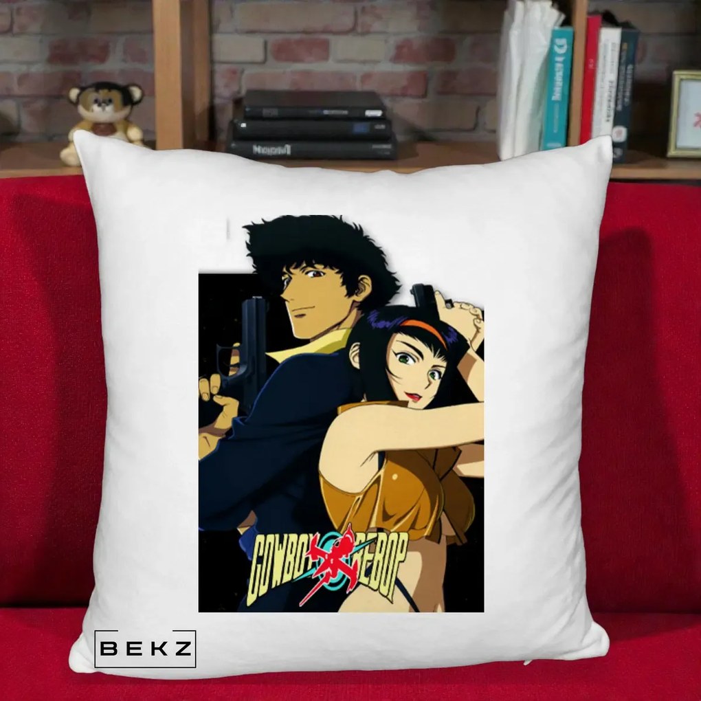 Perna Personalizata Cowboy Bebop Spike si Faye Poster, 40x40 cm, Alb Pufos, Husa Detasabila, Perna Inclusa, BEKZ®