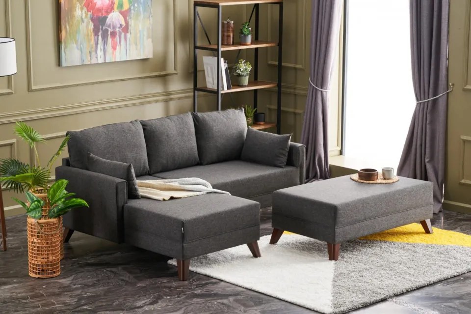 Coltar Modular pe Stanga cu Taburet, Cadru Lemn de Brad, Bella Mini, Gri Antracit