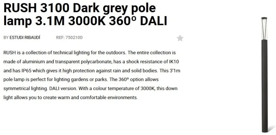 Stalp LED iluminat exterior simetric 360º IP65 RUSH 310cm 3000K DALI