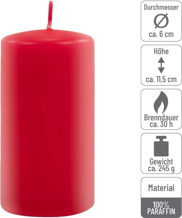 Set de lumânări pilon, 11,5 cm, Ø 6 cm, roșu, 12 buc.