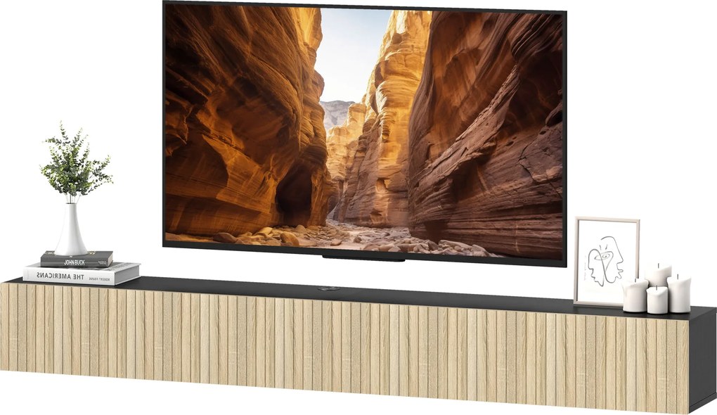HOMCOM Comodă TV suspendată 140 cm, mobilier TV pentru televizoare 182,88 cm, 2 uși rabatabile, 140x25x22cm, lemn natural și negru | Aosom Romania
