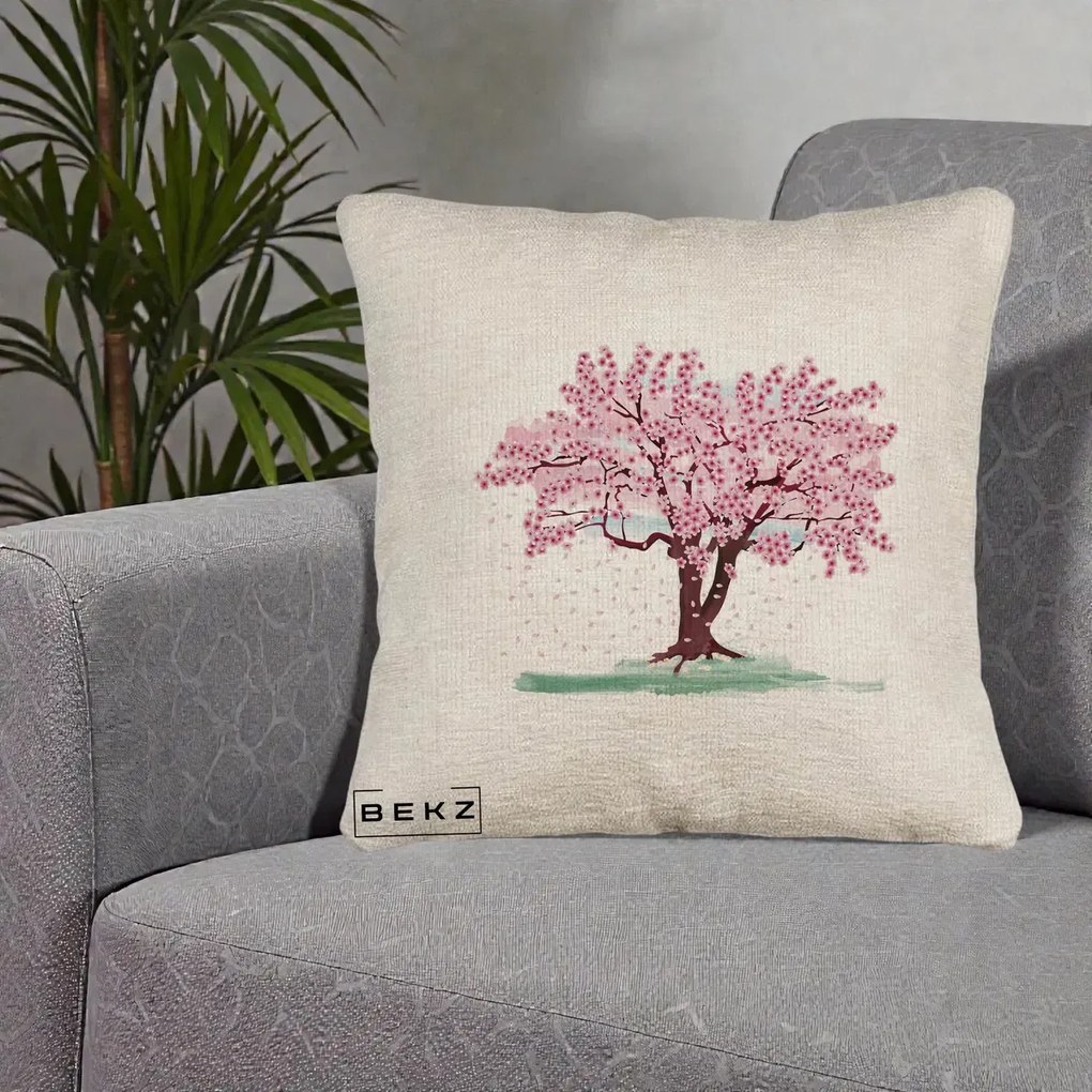 Perna Decorativa Cires Inflorit Acuarela, 40x40 cm, Bej Canapea, Husa Detasabila, Perna Inclusa, BEKZ®
