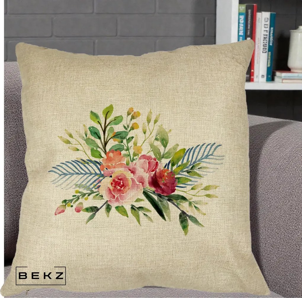 Perna Decorativa Buchet Flori Acuarela Roz-Verde, 40x40 cm, Crem, Husa Detasabila, Perna Inclusa, BEKZ®