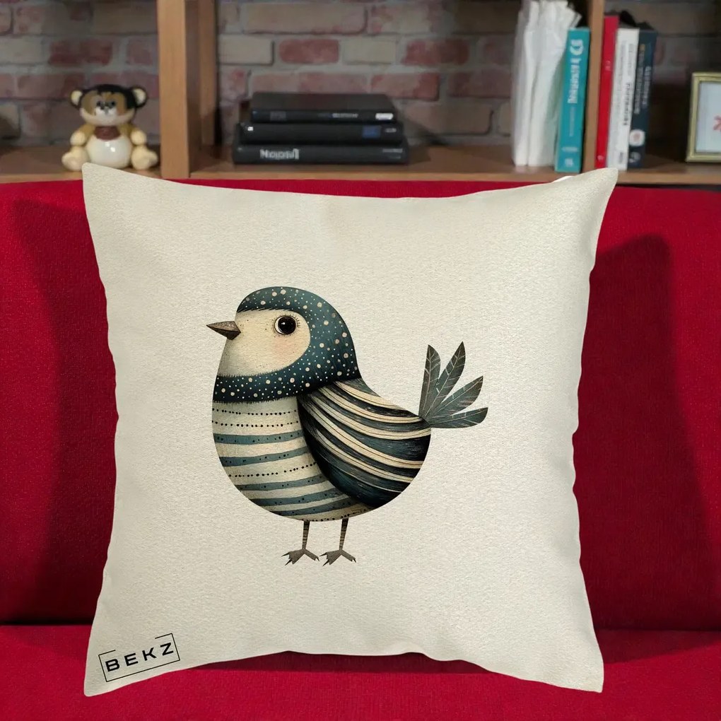 Perna Decorativa Pasare Teal Decorativa Dungata, 40x40 cm, Ecru, Husa Detasabila, Perna Inclusa, BEKZ®