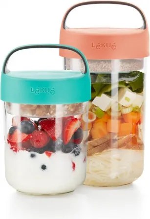 Sticla cu compartimente Lekue On The Go 1010225, 600 ml, -20/+100 °C, Inchidere ermetica, Maner, Turcoaz