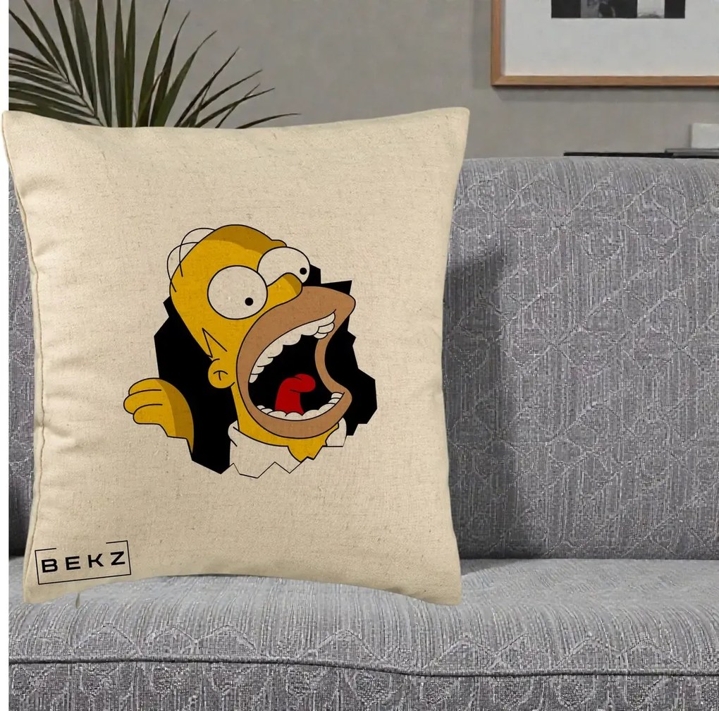 Perna Personalizata Homer Simpson Surpriza, 40x40 cm, Bej, Husa Detasabila, Perna Inclusa, BEKZ®