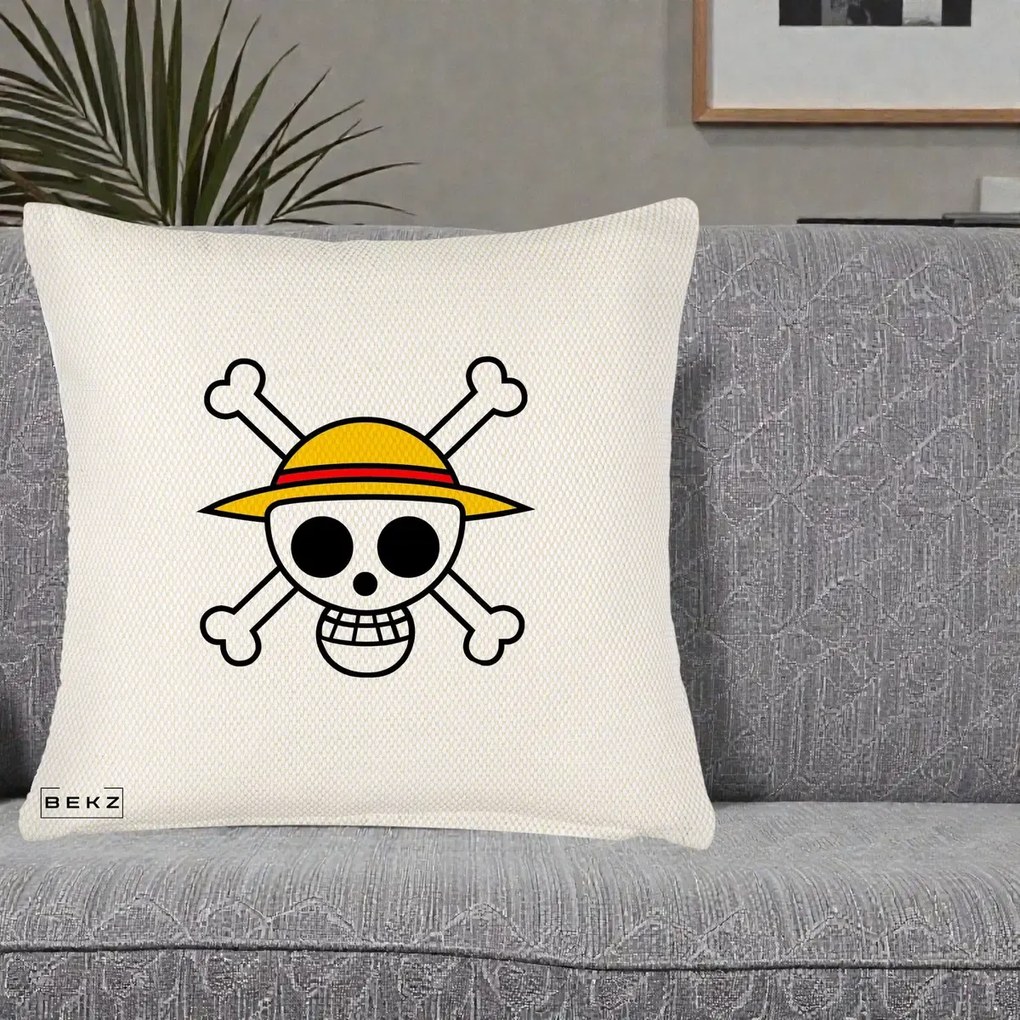 Perna Personalizata One Piece Jolly Roger Straw Hat Pirates, 40x40 cm, Crem Reliefat, Husa Detasabila, Perna Inclusa, BEKZ®