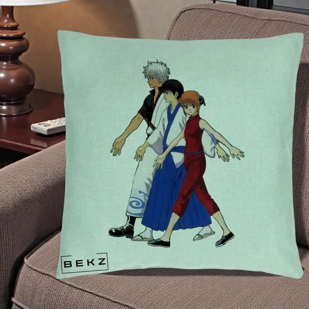 Perna Personalizata Gintama Trio Gintoki Shinpachi Kagura, 40x40 cm, Verde Menta, Husa Detasabila, Perna Inclusa, BEKZ®
