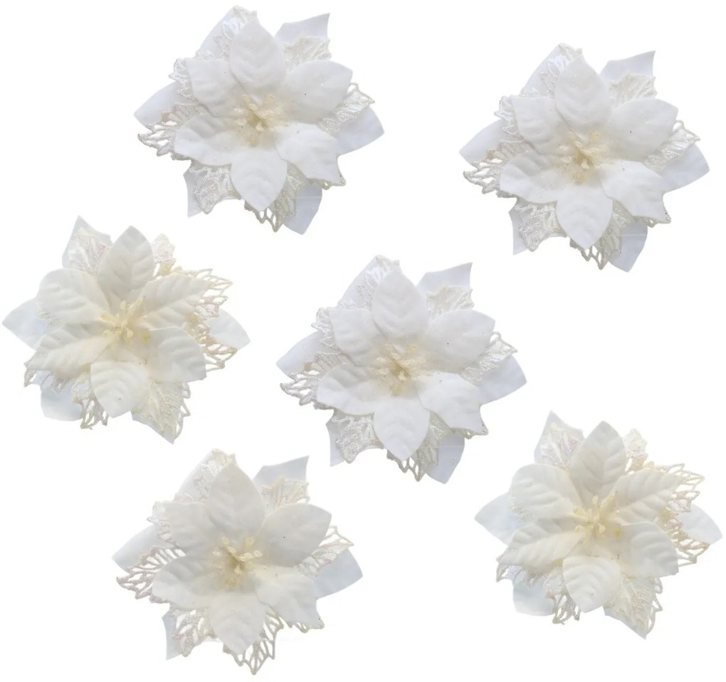 Decorațiuni de Crăciun Poinsettia cu clește alb,set de 6 bucăți