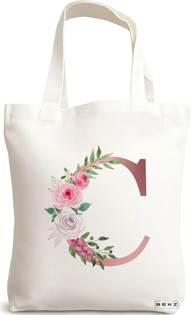 Sacosa de Panza pentru Cumparaturi, Geanta Tote, Cu litera C Rose Gold si Trandafiri, 38x34.5 cm, Alba, BEKZ®