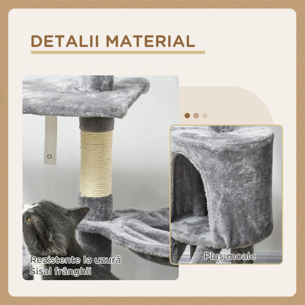 PawHut Turelă pentru pisici cu căsuță, stâlp de ascuțit gheare, platforme și 4 șoricei, din lemn, pluș și sisal, 50x35x134.2 cm, gri | Aosom Romania