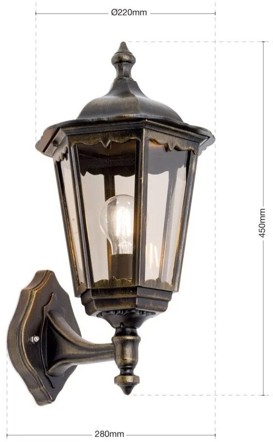Aplica de perete exterior stil clasic IP43 Puchberg AL 11K/82570 schwarz-gold/rauch OR
