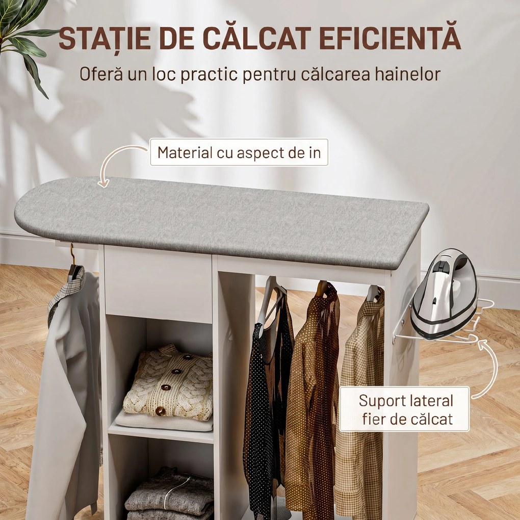 HOMCOM Masă de Călcat cu Suport pentru Fier de Călcat, Suport pentru Haine, Sertar și Raft, 125x43,5x112 cm, Alb | Aosom Romania