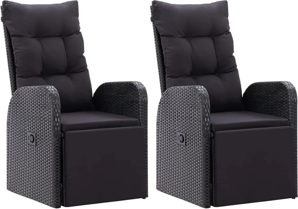 vidaXL Scaune de grădină rabatabile cu perne, 2 buc., negru poliratan