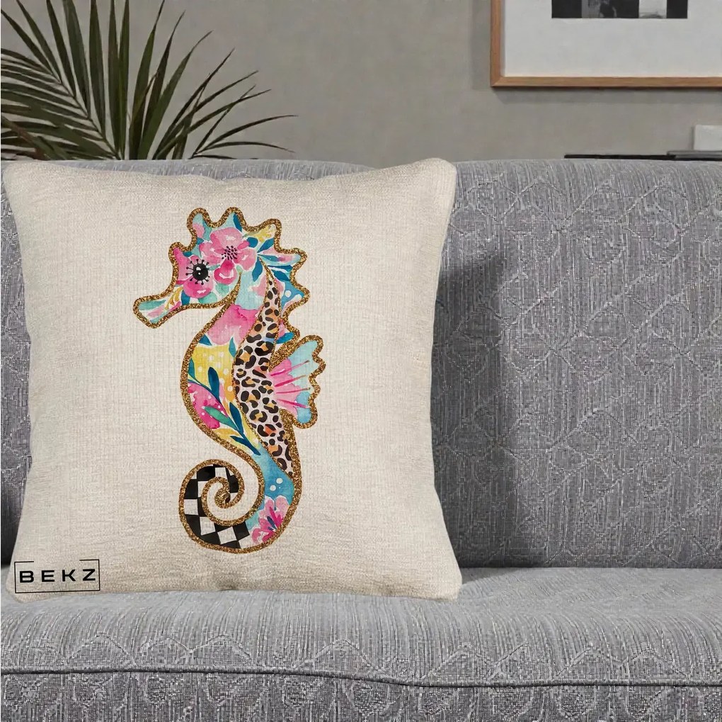 Perna Decorativa Calut de Mare Glitter Tropical, 40x40 cm, Bej Canapea, Husa Detasabila, Perna Inclusa, BEKZ®