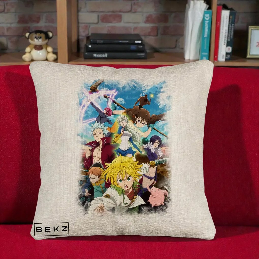 Perna Personalizata Nanatsu no Taizai Cele Sapte Pacate Mortale Anime, 40x40 cm, Bej Canapea, Husa Detasabila, Perna Inclusa, BEKZ®