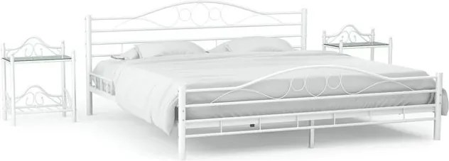 vidaXL Cadru de pat cu 2 noptiere, alb, 140 x 200 cm, metal