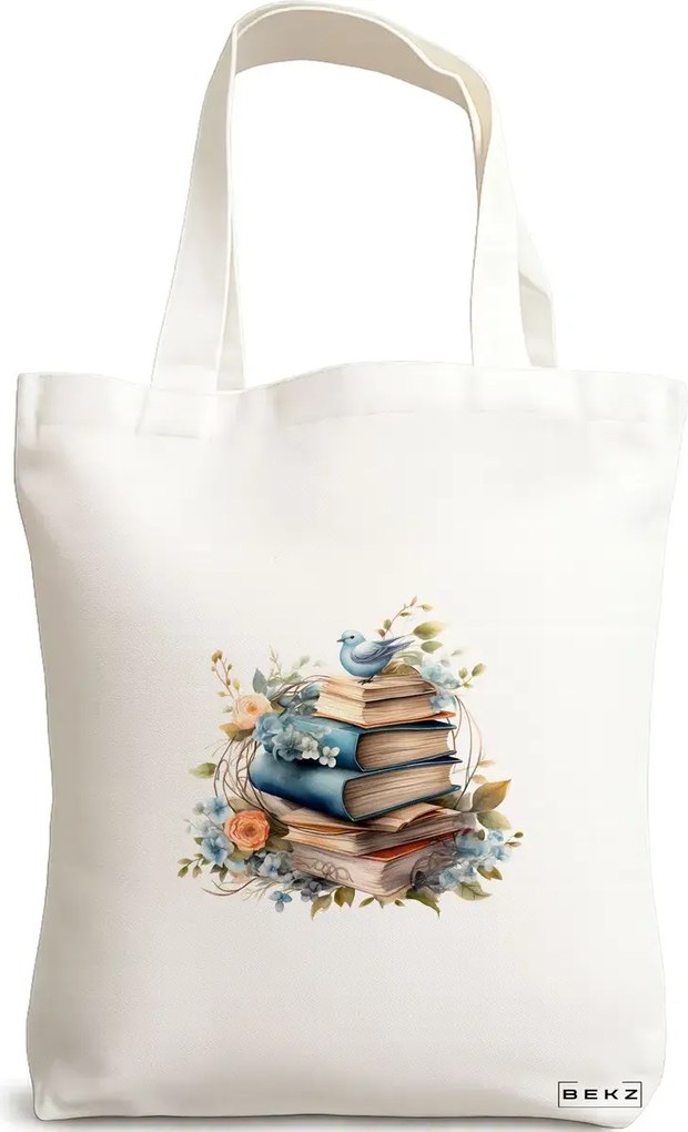Sacosa de Panza pentru Cumparaturi, Geanta Tote, model Books and flowers 15 38 x 34.5 cm, Alba, BEKZ®