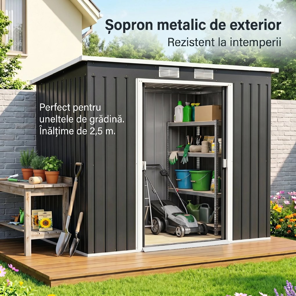 Outsunny Adăpost de Grădină Metalic în Alipire cu Kit de Fundație, Ușă Dublă, Ventilații și Acoperiș Înclinat, Gri | Aosom Romania