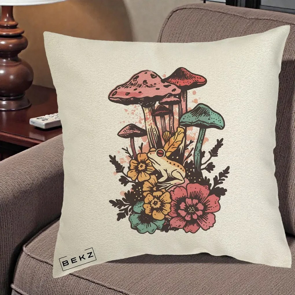Perna Decorativa Ciuperci si Broaste Boho, 40x40 cm, Ecru, Husa Detasabila, Perna Inclusa, BEKZ®