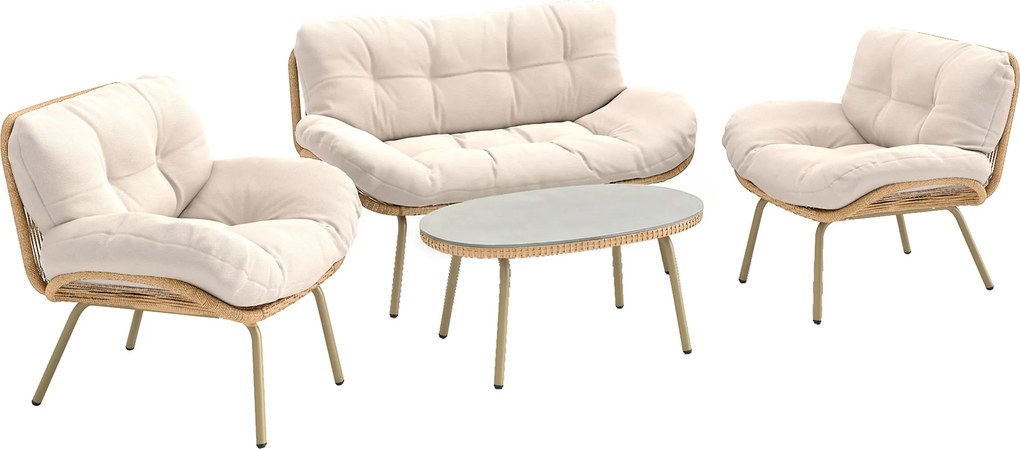 Outsunny Set mobilier grădină 4 piese Set lounge din polyrattan cu canapea 2 locuri 2 fotolii masă Șezut adânc Perne groase | Aosom Romania