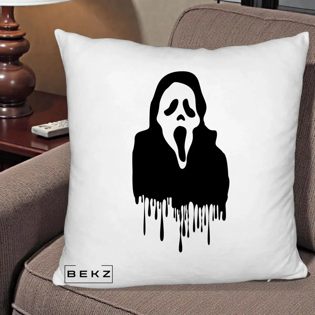 Perna Personalizata Halloween Ghostface Scream Picurand, 40x40 cm, Alb Pufos, Husa Detasabila, Perna Inclusa, BEKZ®