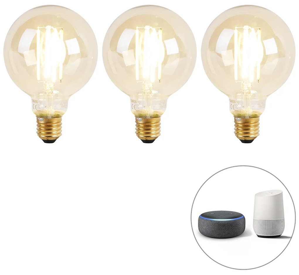Set de 3 becuri LED inteligente E27 cu reglare a luminozității la cald G95 Goldline 7W 806lm 1800K - 3000K
