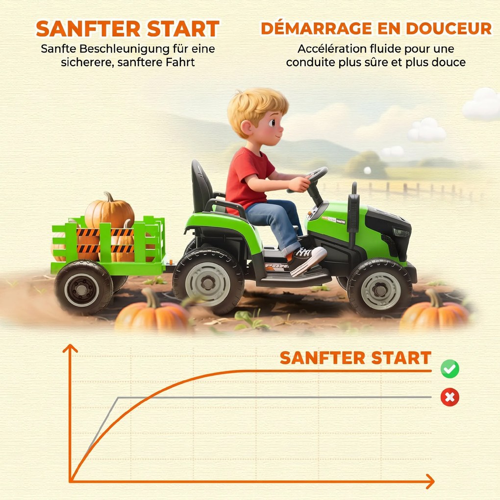 AIYAPLAY Tractor Electric 2 în 1 pentru Copii 3-8 Ani 12V cu Remorcă Detașabilă, Mașină Electrică pentru Copii cu Telecomandă, Centură de Siguranță, Muzică, Lumini LED și Claxon, Verde | Aosom Romania