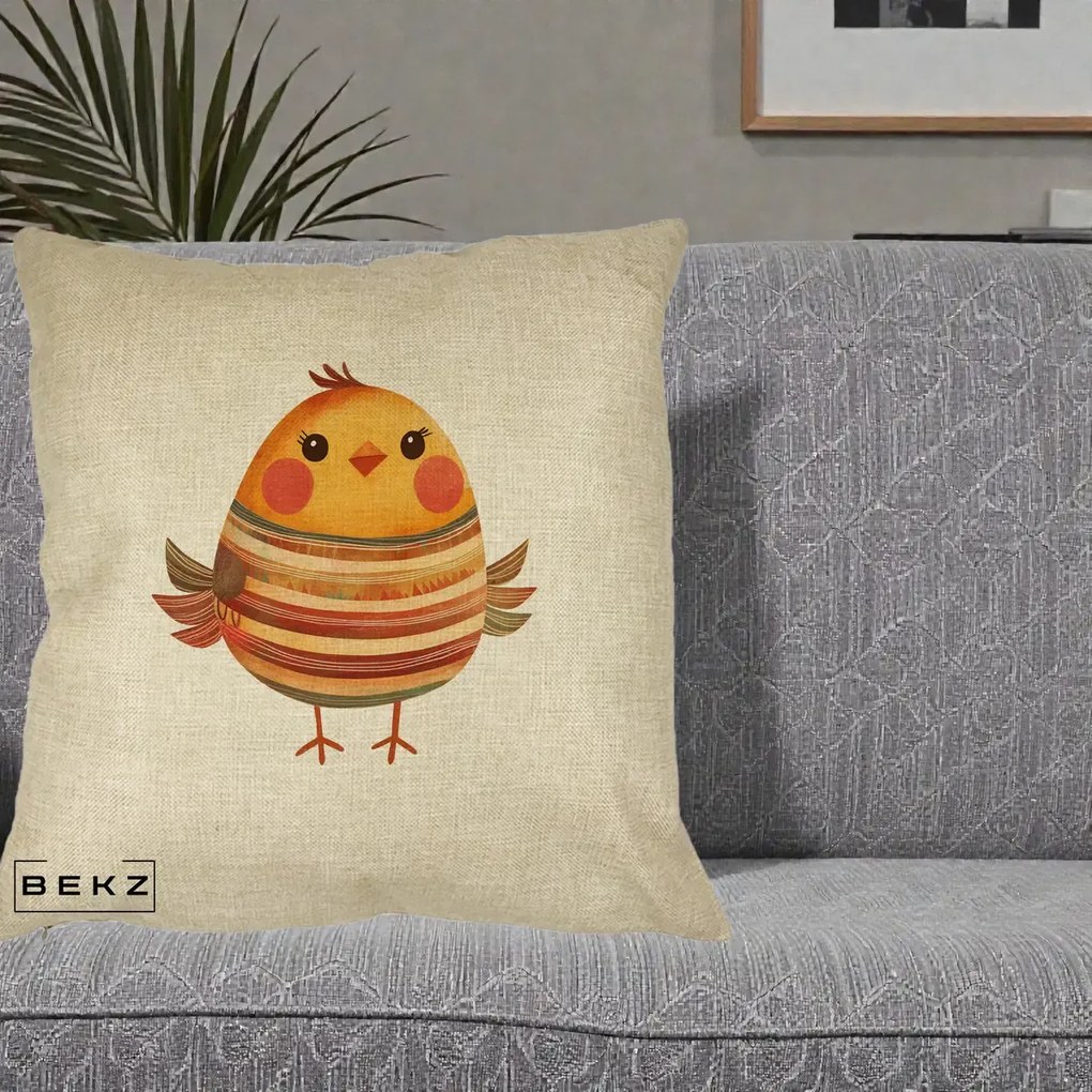 Perna Decorativa Pui Kawaii Portocaliu Dungi Calde, 40x40 cm, Crem, Husa Detasabila, Perna Inclusa, BEKZ®