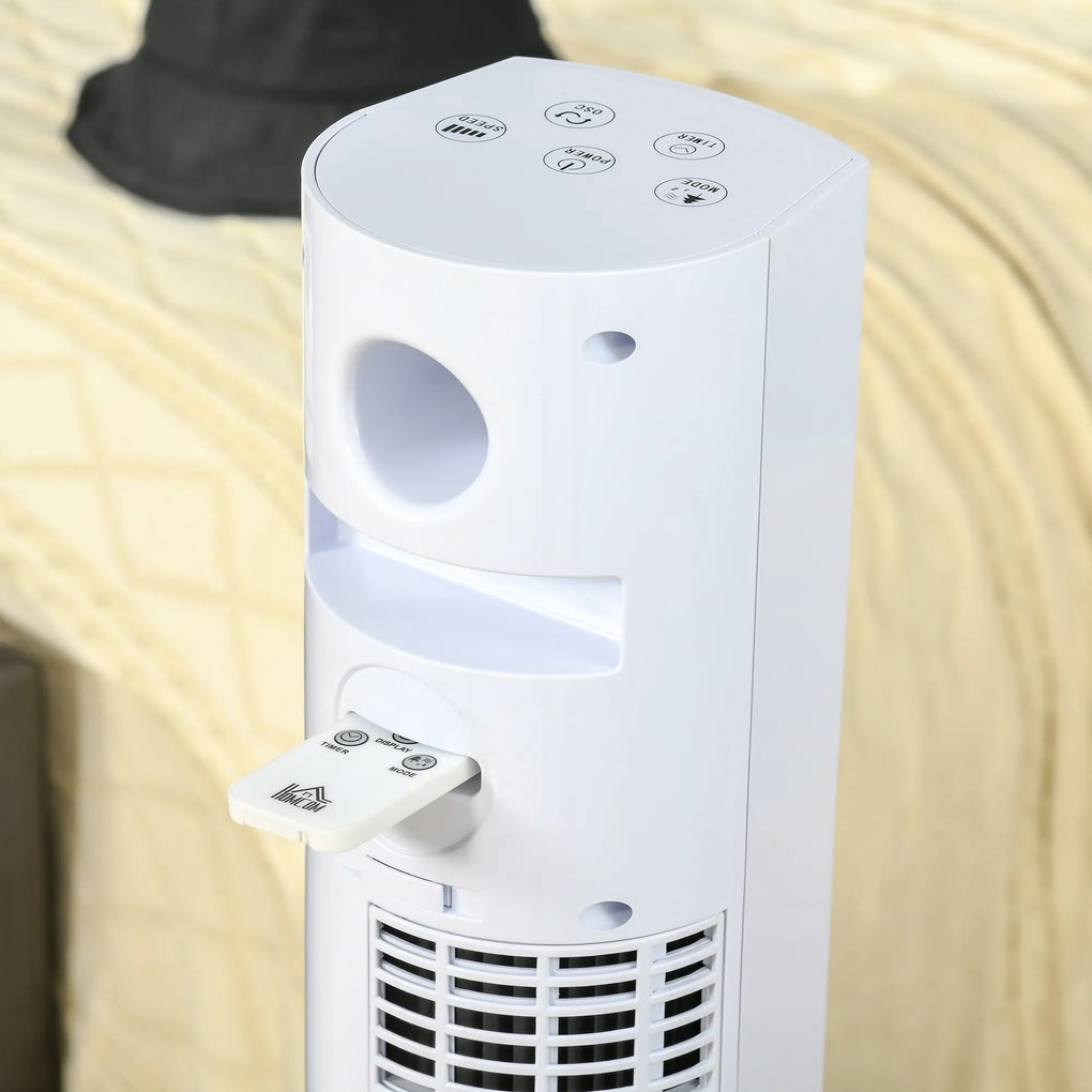HOMCOM Ventilator Turn cu 3 Moduri și 3 Viteze cu Cronometru 12h, Ventilator de Podea cu Telecomandă, 31,5x31,5x96 cm, Alb | Aosom Romania