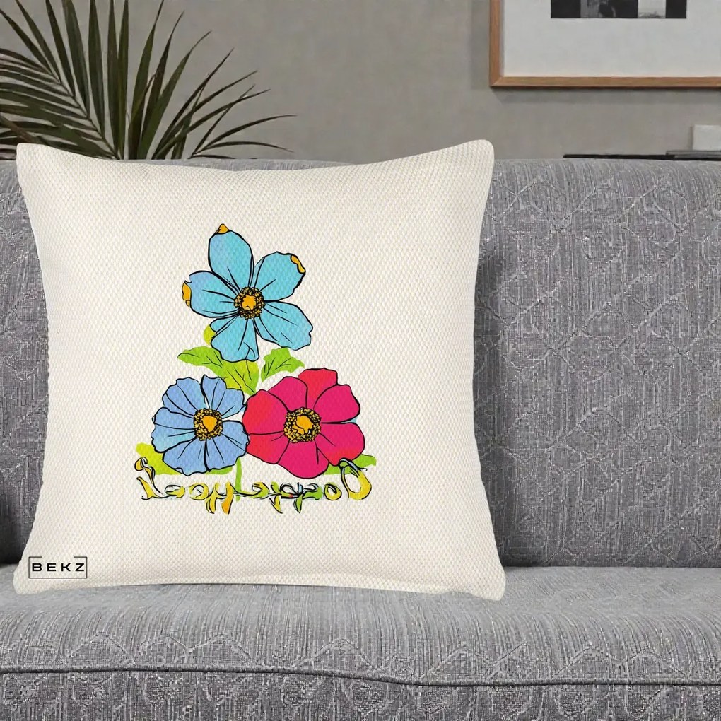 Perna Decorativa Trei Flori Grafice Pop Art, 40x40 cm, Crem Reliefat, Husa Detasabila, Perna Inclusa, BEKZ®