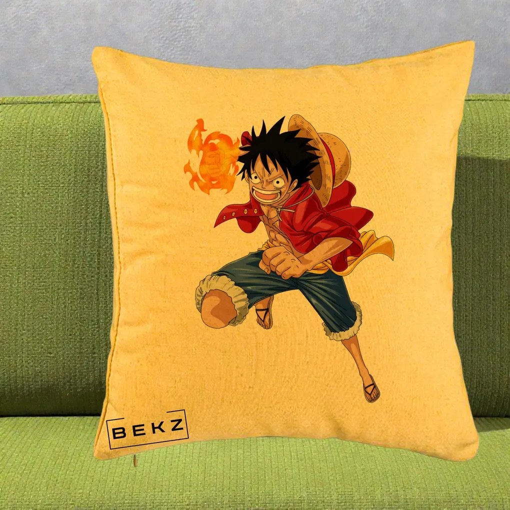 Perna Personalizata One Piece Luffy Gear Second Foc, 40x40 cm, Galben, Husa Detasabila, Perna Inclusa, BEKZ®