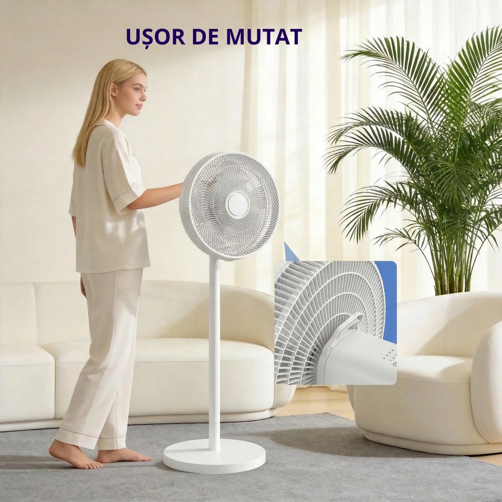 HOMCOM Ventilator de Podea cu Telecomandă, Reglabil pe Înălțime, 4 Viteze, Oscilație 80°, Timer 10 Ore, Alb, Ø40x90.5-118.5Î cm | Aosom Romania