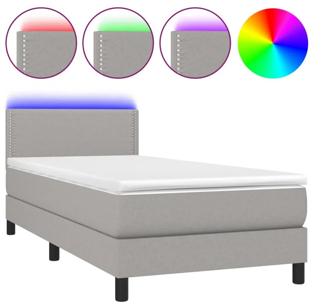 3133029 vidaXL Pat cu arcuri, saltea și LED, gri deschis, 80x200 cm, textil