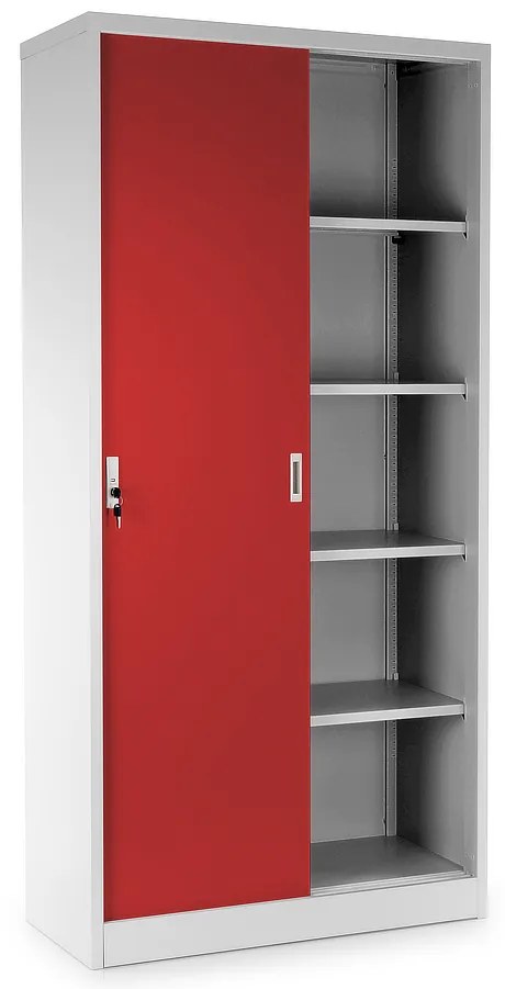 Dulap metalic universal cu uși glisante 90 x 40 x 185 cm, încuietoare cilindrică, roșu - ral 3000