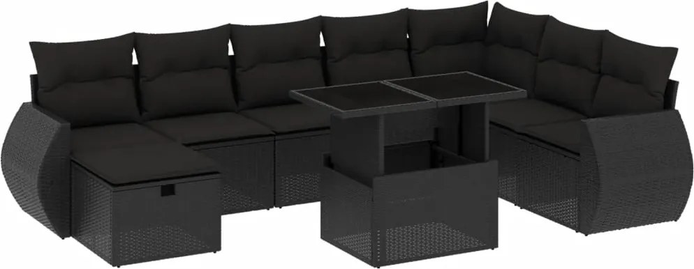vidaXL Set mobilier de grădină cu perne, 9 piese, negru, poliratan