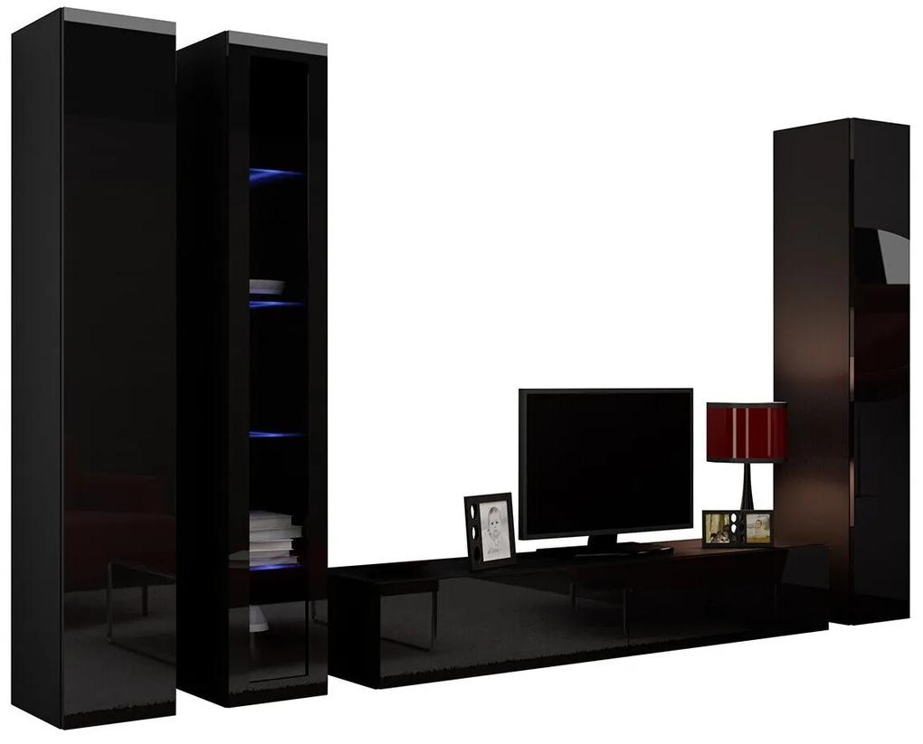 Camera de zi Charlotte A101Negru lucios, Negru, Părți separate, Cu comodă tv, Cu componente suplimentare, PAL laminat, Sticlă călită, MDF, 180x30cm, 90 kg