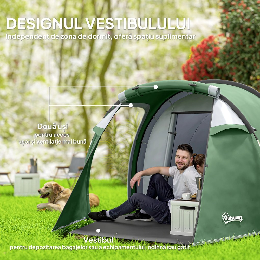 Cort Camping 4 Persoane Outsunny, Impermeabil, Usi cu fermoar 426x206x154cm Verde Inchis | Aosom Romania