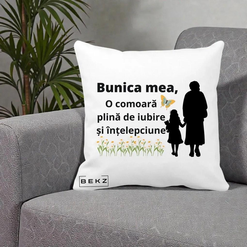 Cadou pentru Bunica - Perna Personalizata Bunica Mea Comoara Iubire Intelepciune Varianta Extinsa, 40x40 cm, Alba Mata, Husa Detasabila, Perna Inclusa, BEKZ®
