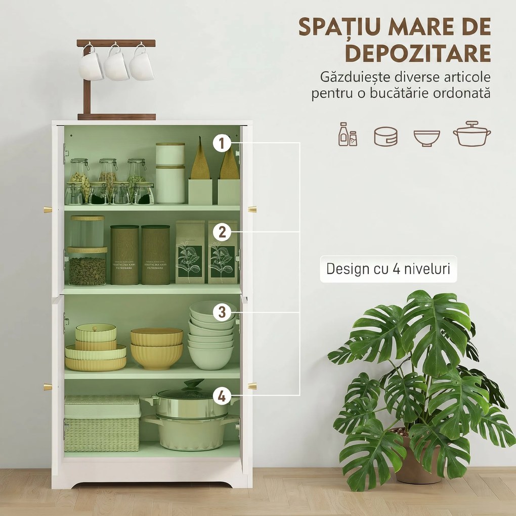 HOMCOM Comodă Bucătărie, Dulap Bucătărie cu 2 Dulapuri, 4 Uși Arcuite, 2 Rafturi Reglabile, cu Dispozitiv Anti-Răsturnare, 60x30x110 cm, pentru Sala de Masă, Living, Alb | Aosom Romania