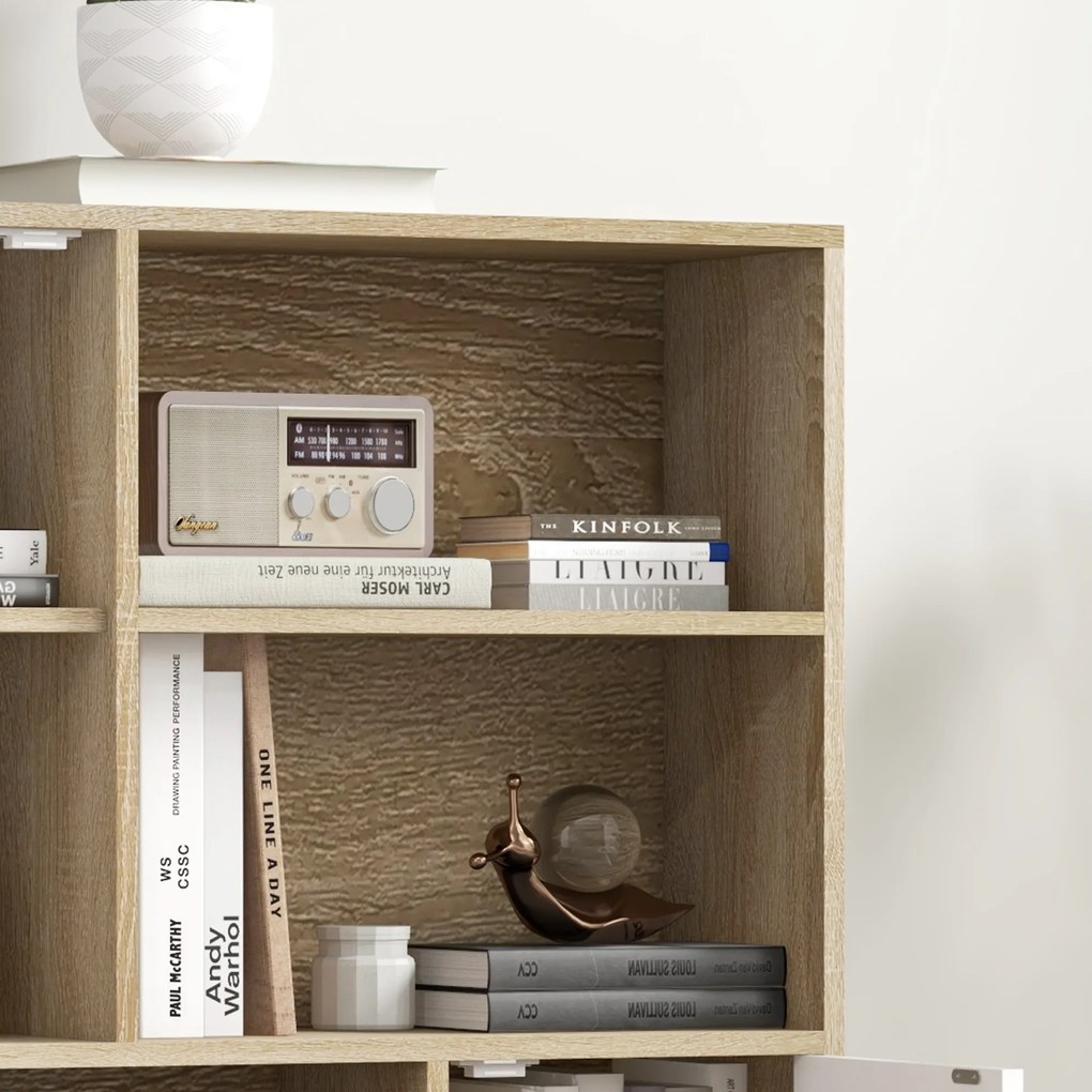 HOMCOM Bibliotecă scandinavă 4 nișe + 2 dulapuri cu poliță dim. 80L x 24l x 123H cm Picioare conice înclinate Lemn masiv Stejar | Aosom Romania