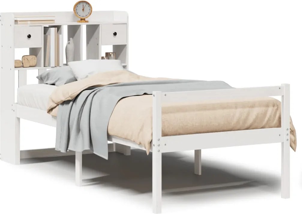 vidaXL Pat cu bibliotecă fără saltea, alb, 75x190 cm, lemn masiv pin