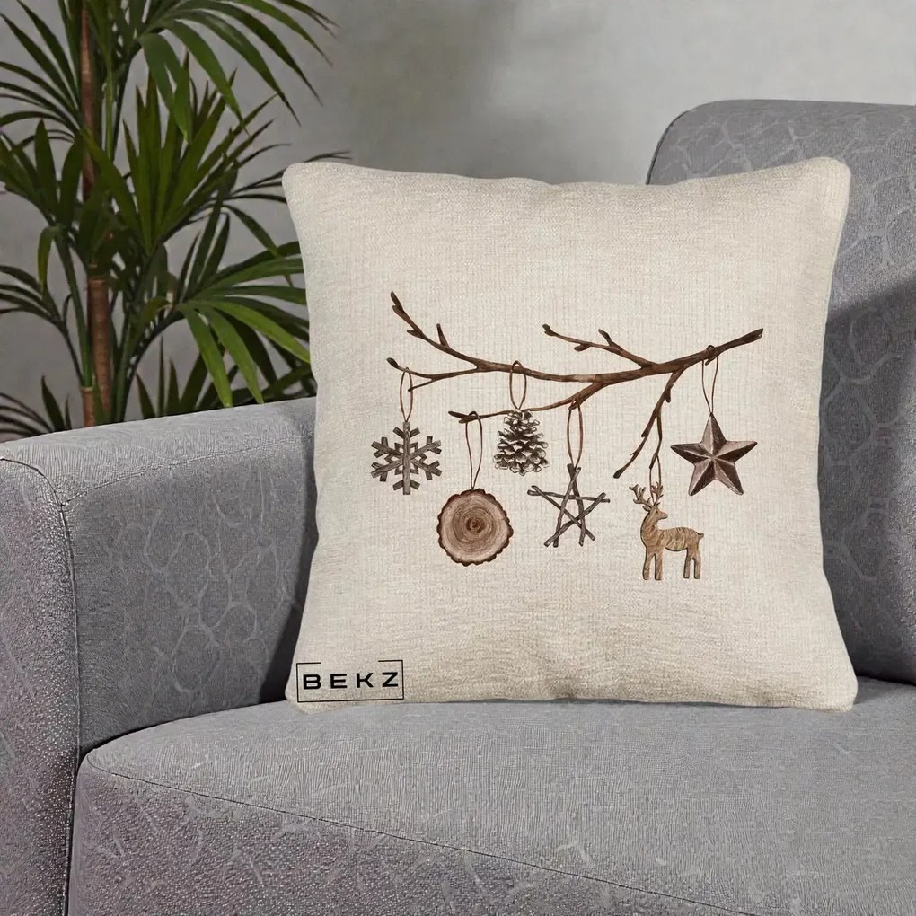Perna Decorativa Ornamente de Lemn pe Ramura, 40x40 cm, Bej Canapea, Husa Detasabila, Perna Inclusa, BEKZ®