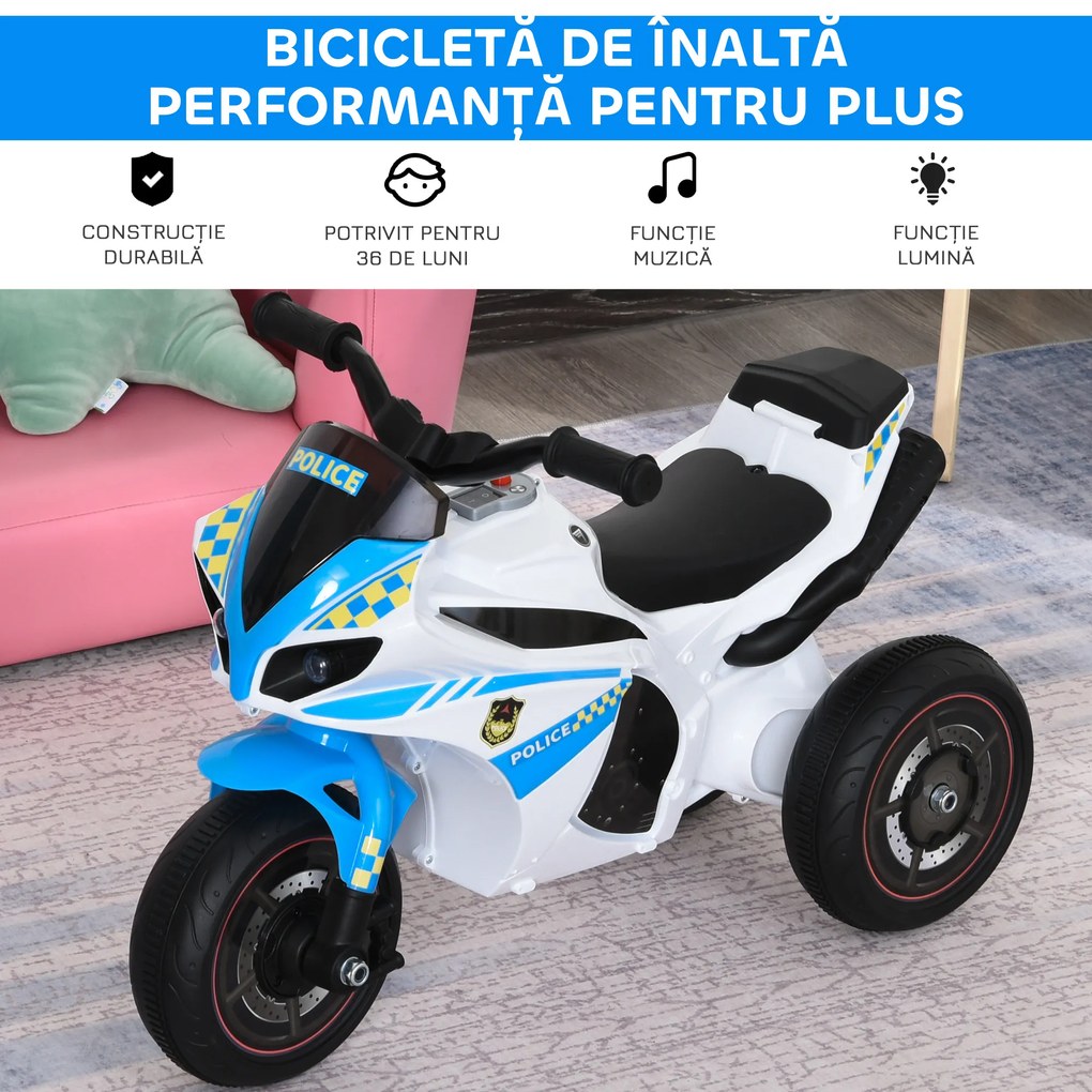 HOMCOM Motocicletă pentru Copii 18-36 Luni cu 3 Roți, Muzică și Faruri, 74x39x48 cm, Albastru Deschis | Aosom Romania